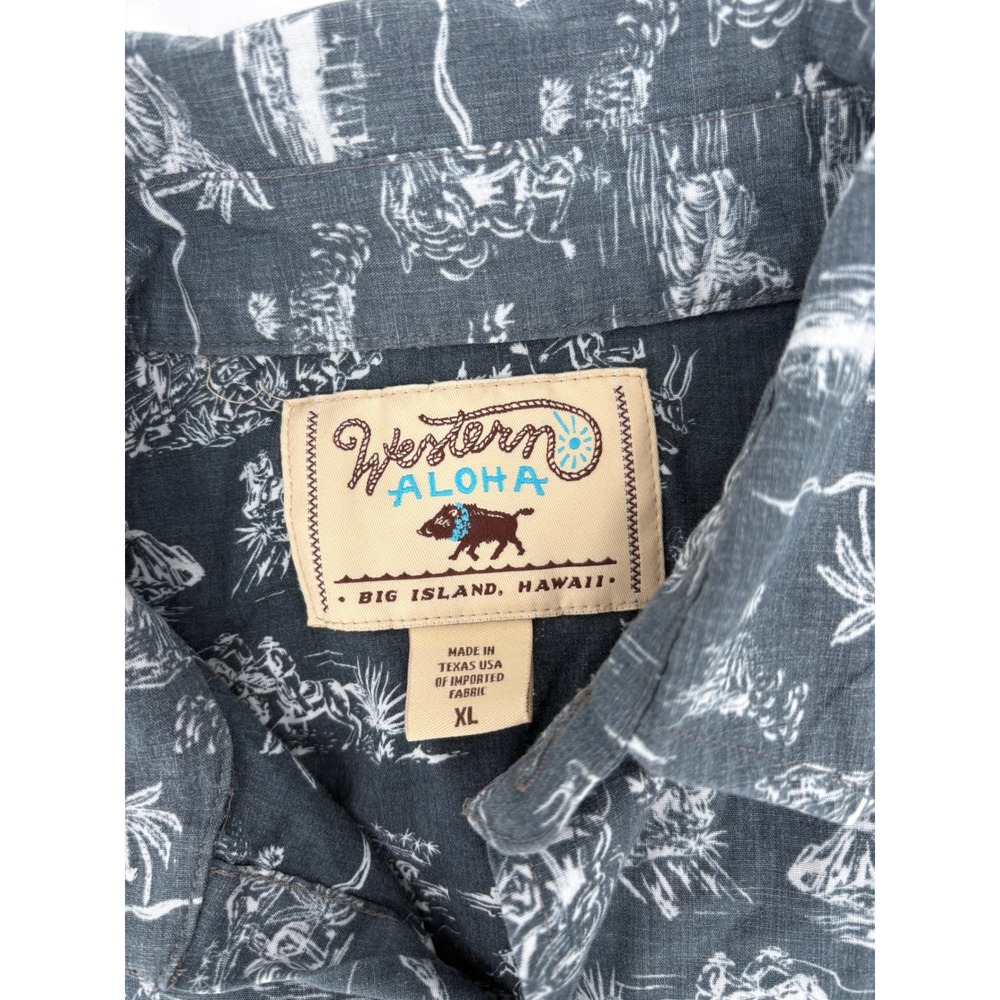 Western Aloha Mens XL Pearl Snap Shirt Gray White Island Toile Long Sleeve - Picture 5 of 6